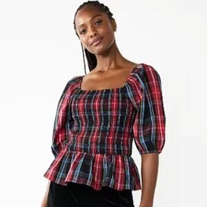 Draper James Tartan Plaid Smocked Peplum Blouse Puff Sleeve Red Black Size Large